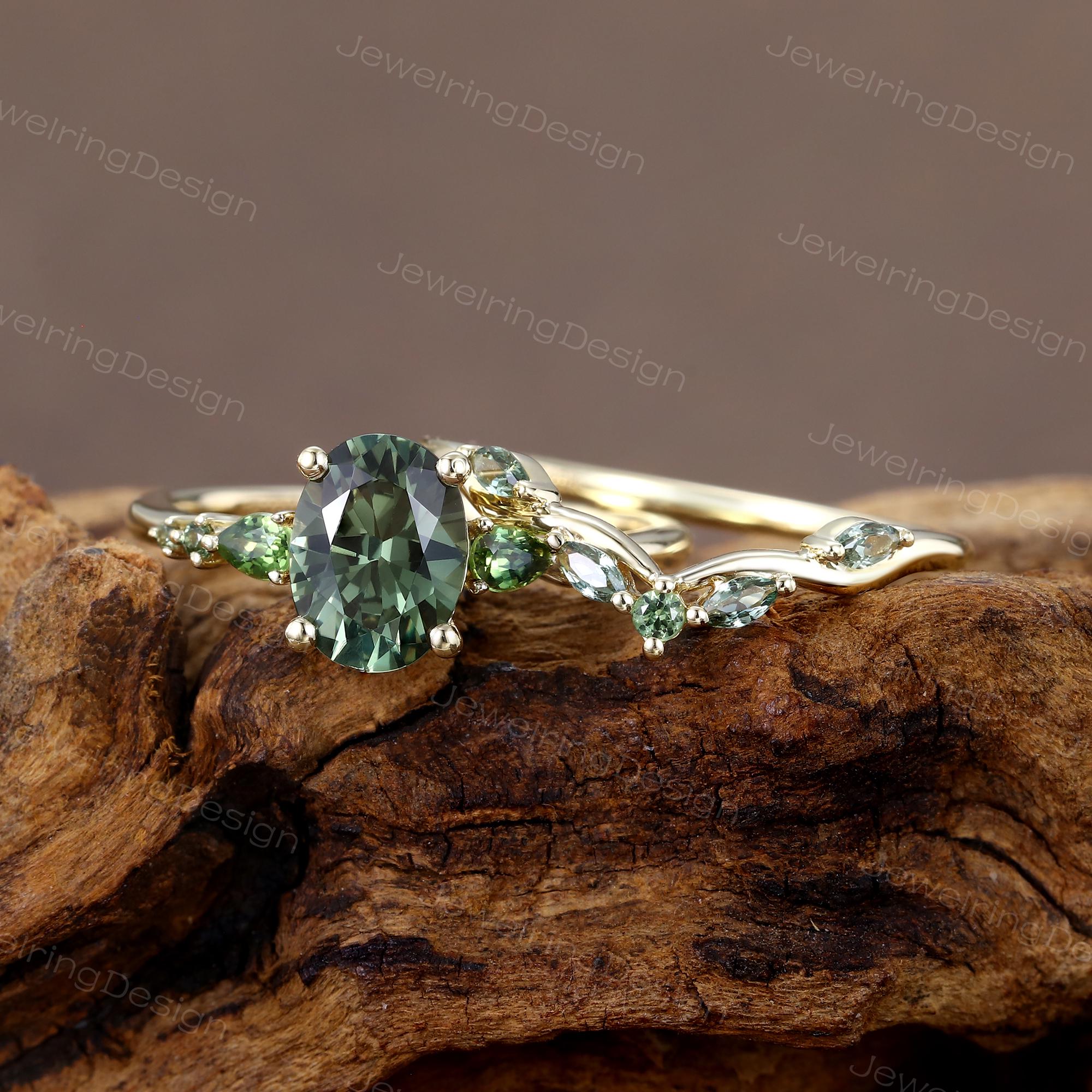 Bule Green Sapphire engagement ring set vintage yellow gold engagement ring set Unique wedding ring Bridal Promise Anniversary gift for her