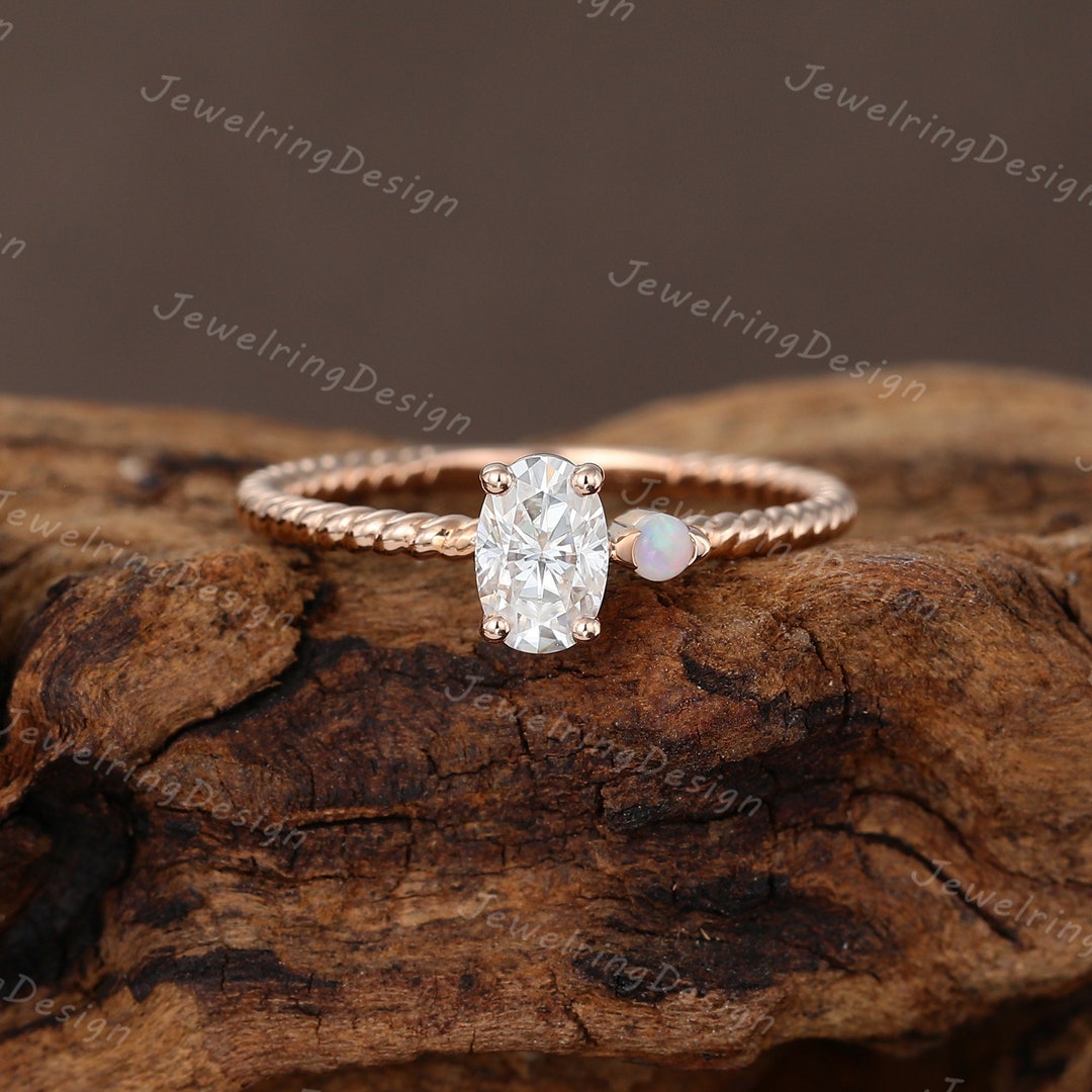 Oval Cut Moissanite Engagement Ring Solid 14K Rose Gold Vintage Opal ...