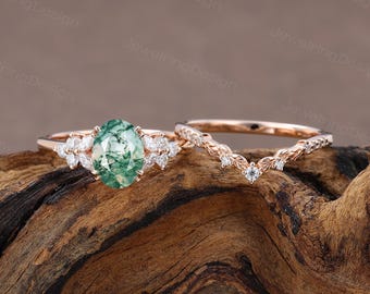 Vintage Oval cut Moss agate engagement ring set Rose gold wedding ring Cluster Marquise cut Moissanite Bridal ring set Promise Women Gift