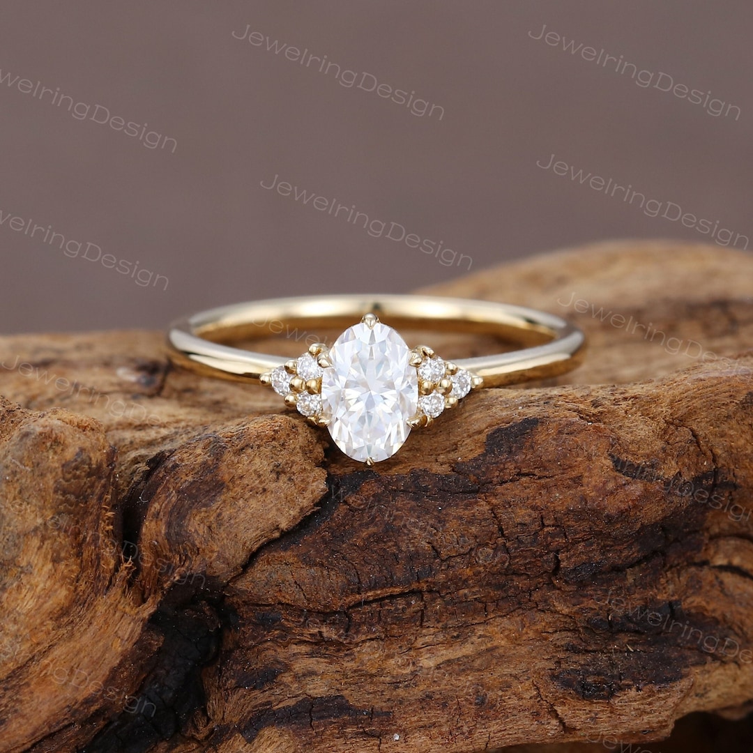 Oval Cut Moissanite Engagement Ring Yellow Gold Diamond Cluster ...
