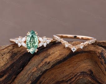 Vintage Marquise cut Moss agate engagement ring set Rose gold wedding ring Cluster Marquise Moissanite Bridal ring set Promise Women Gift