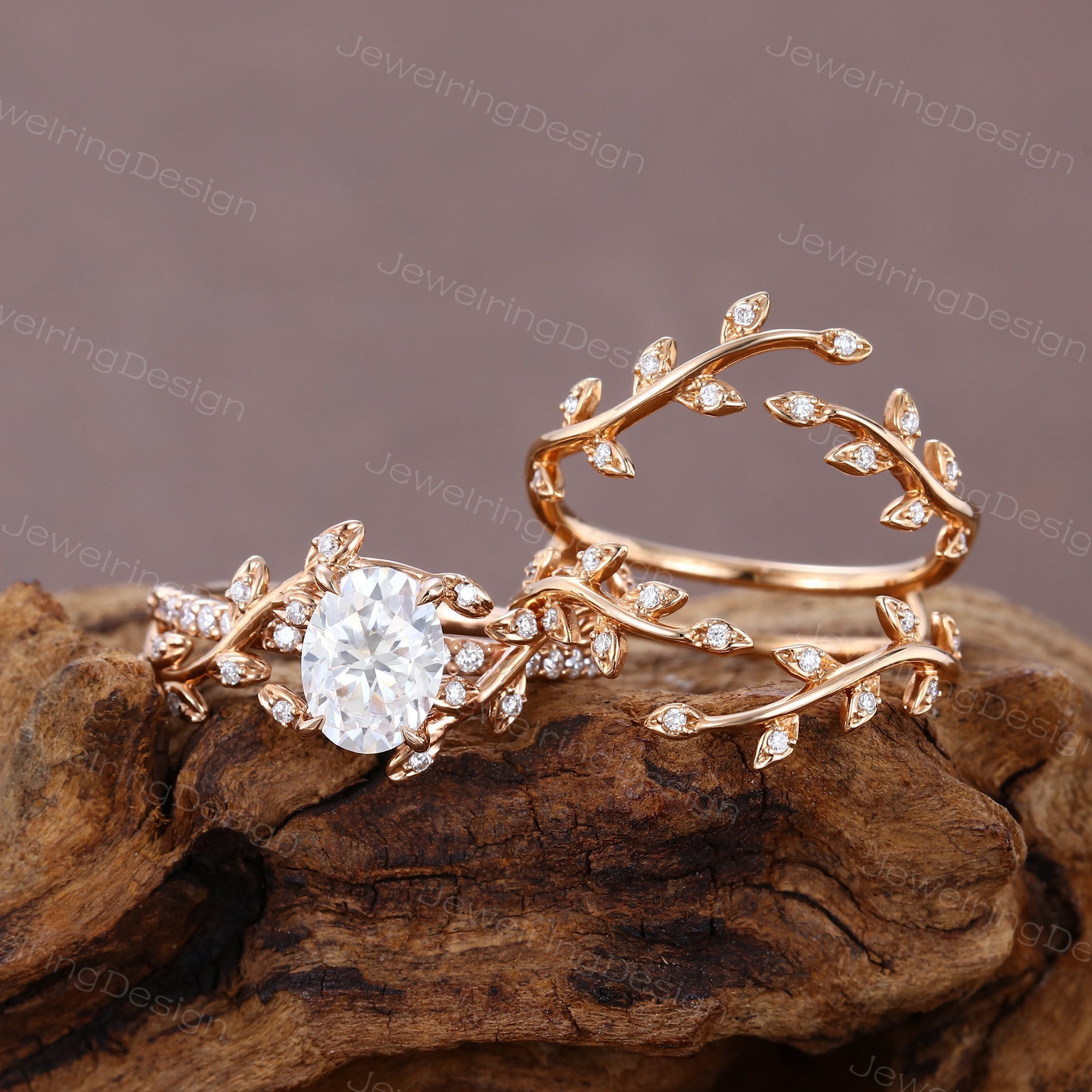 Unqique Oval cut Moissanite engagement ring set Rose gold engagement Twig ring woman wedding set Bridal ring set promise Anniversary ring