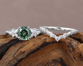 Vintage Round Green sapphire engagement ring set Diamond cluster ring Curved wedding band Delicate Bridal Stacking Promise gift for her