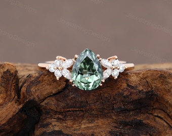 Vintage Pear cut Green Sapphire engagement ring Unique Rose gold wedding ring Cluster Art deco Bridal Diamond Promise Anniversary ring