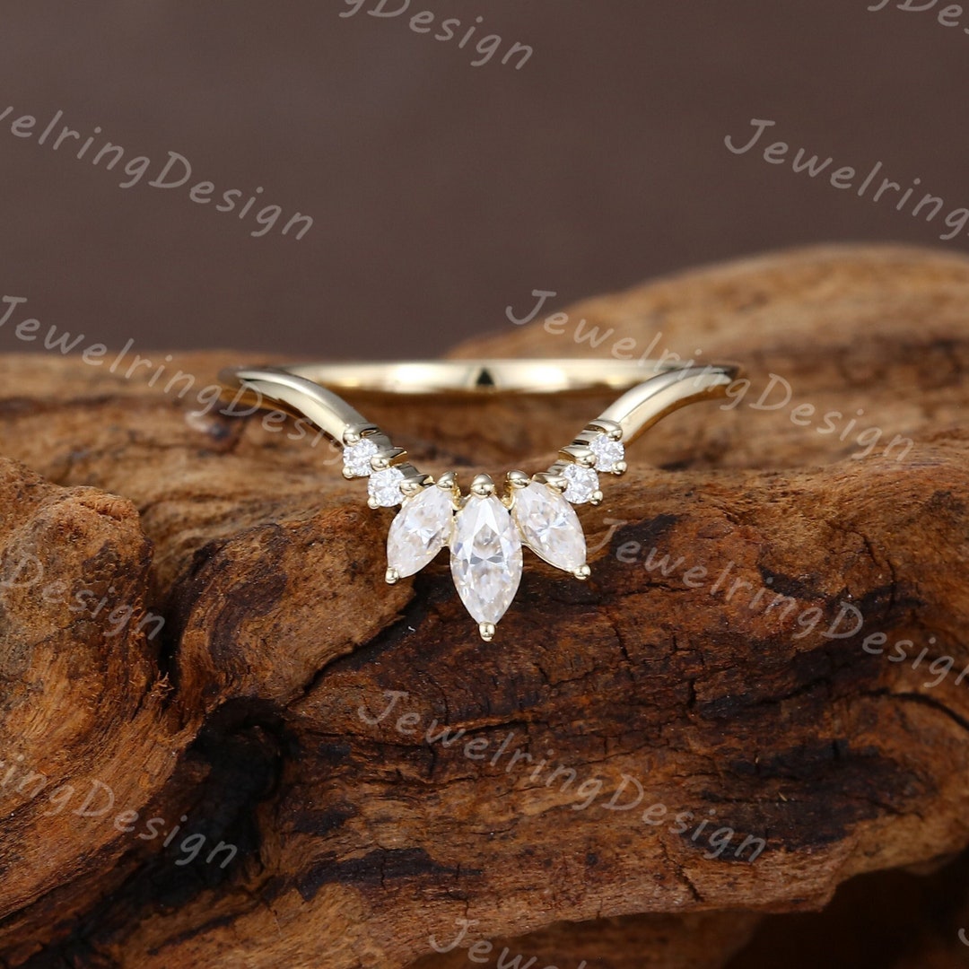 Curved Wedding Band Vintage Yellow Gold Unique Marquise Cut Moissanite ...