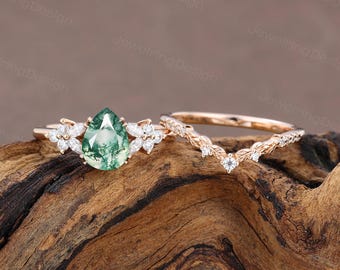 Vintage Pear cut Moss agate engagement ring set Rose gold wedding ring Cluster Marquise cut Moissanite Bridal ring set Promise Women Gift