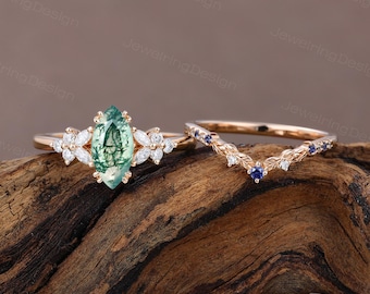 Vintage Marquise cut Moss agate engagement ring set Rose gold wedding ring Cluster  Unique Moissanite Bridal ring set Promise Women Gift