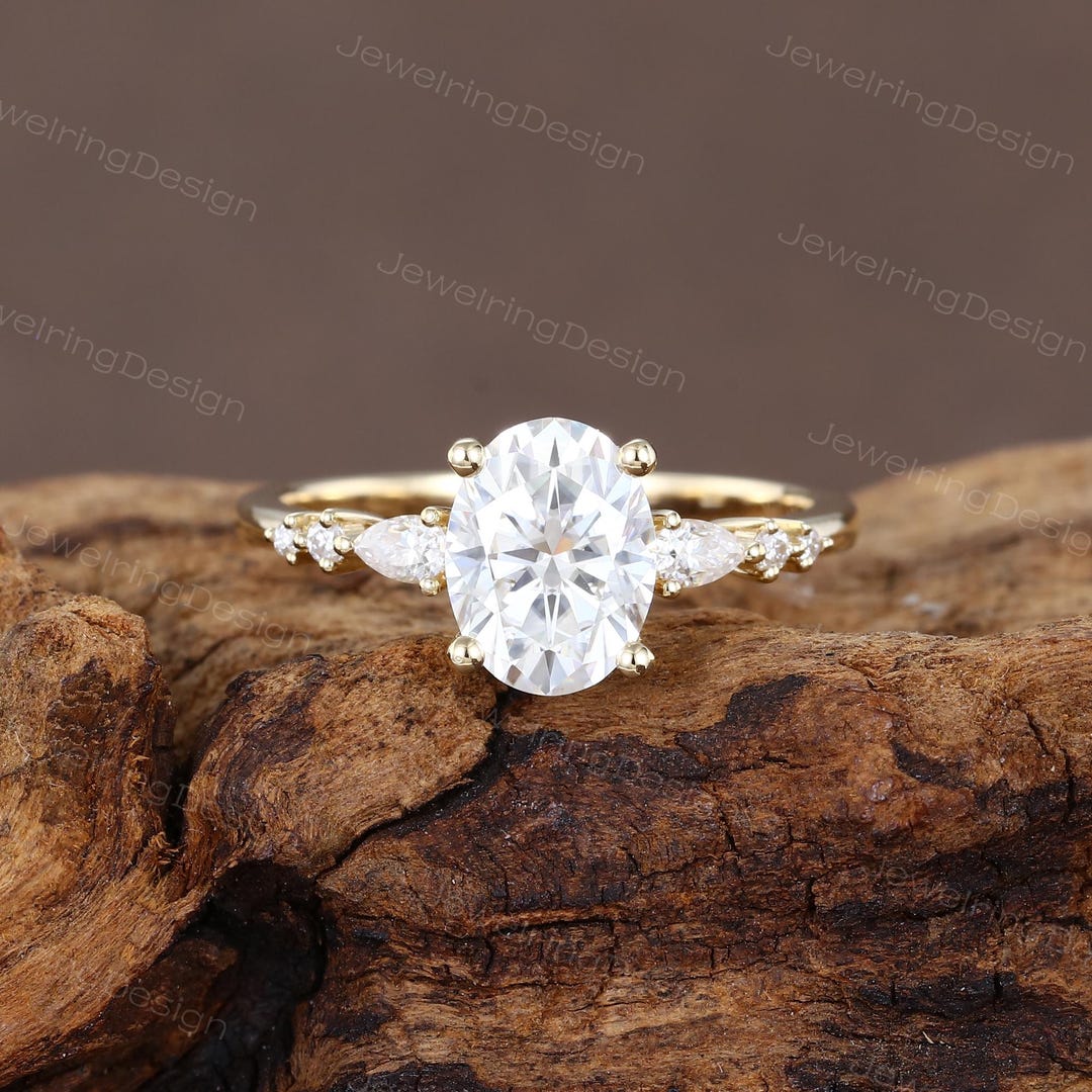 Oval Cut Moissanite Engagement Ring Unique Yellow Gold Pear Shaped ...