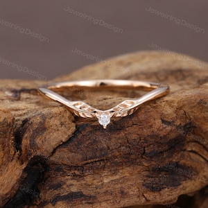 Vintage Diamond Wedding band dainty rose gold Leaf Art deco Matching Stacking band wedding ring Promise Anniversary ring gift for her