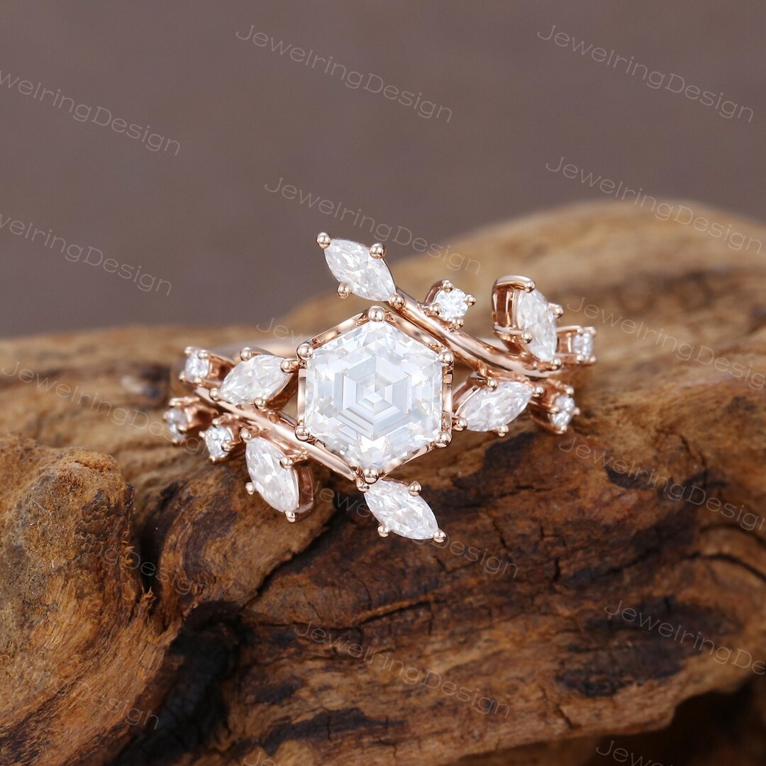 Hexagon Moissanite Engagement Ring Vintage Rose Gold Art Deco Unique