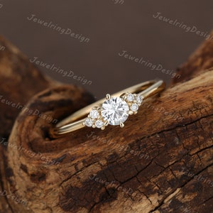 White sapphire engagement ring 14K Yellow gold Diamond cluster ring Unique Simple Thin dainty wedding ring Bridal Anniversary gift for her