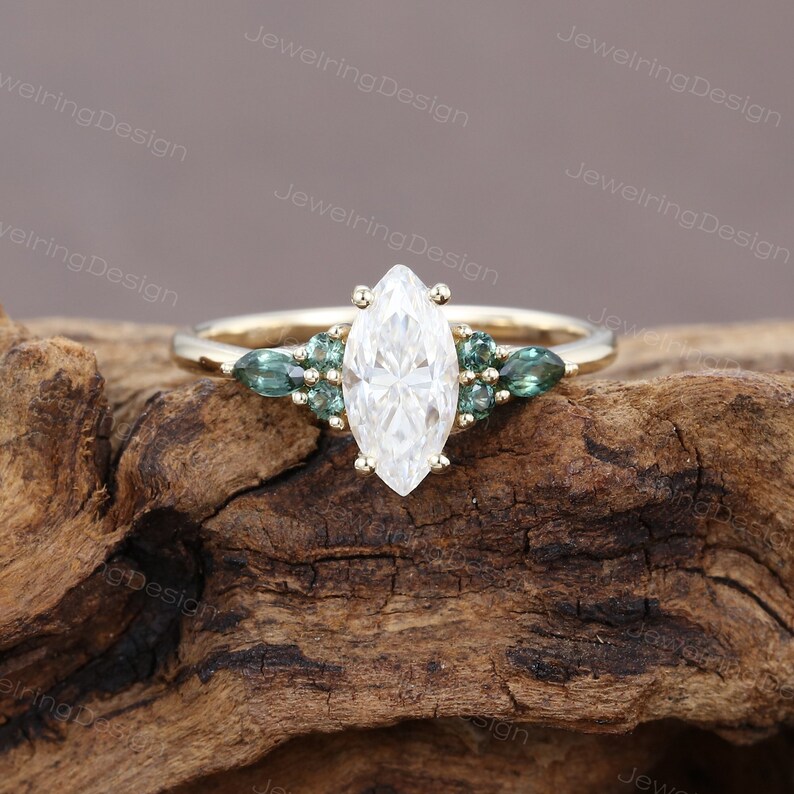 Marquise Cut Moissanite Engagement Ring Vintage Yellow Gold Cluster ...