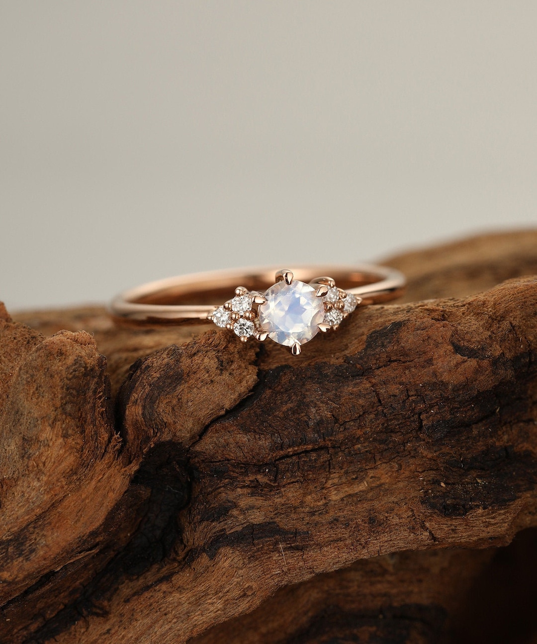 Moonstone Engagement Ring Vintage Lotus Flower Two Row Ring Diamond Twisted Ring Rose Gold Unique Floral Bridal Promise Anniversary Ring 18K +