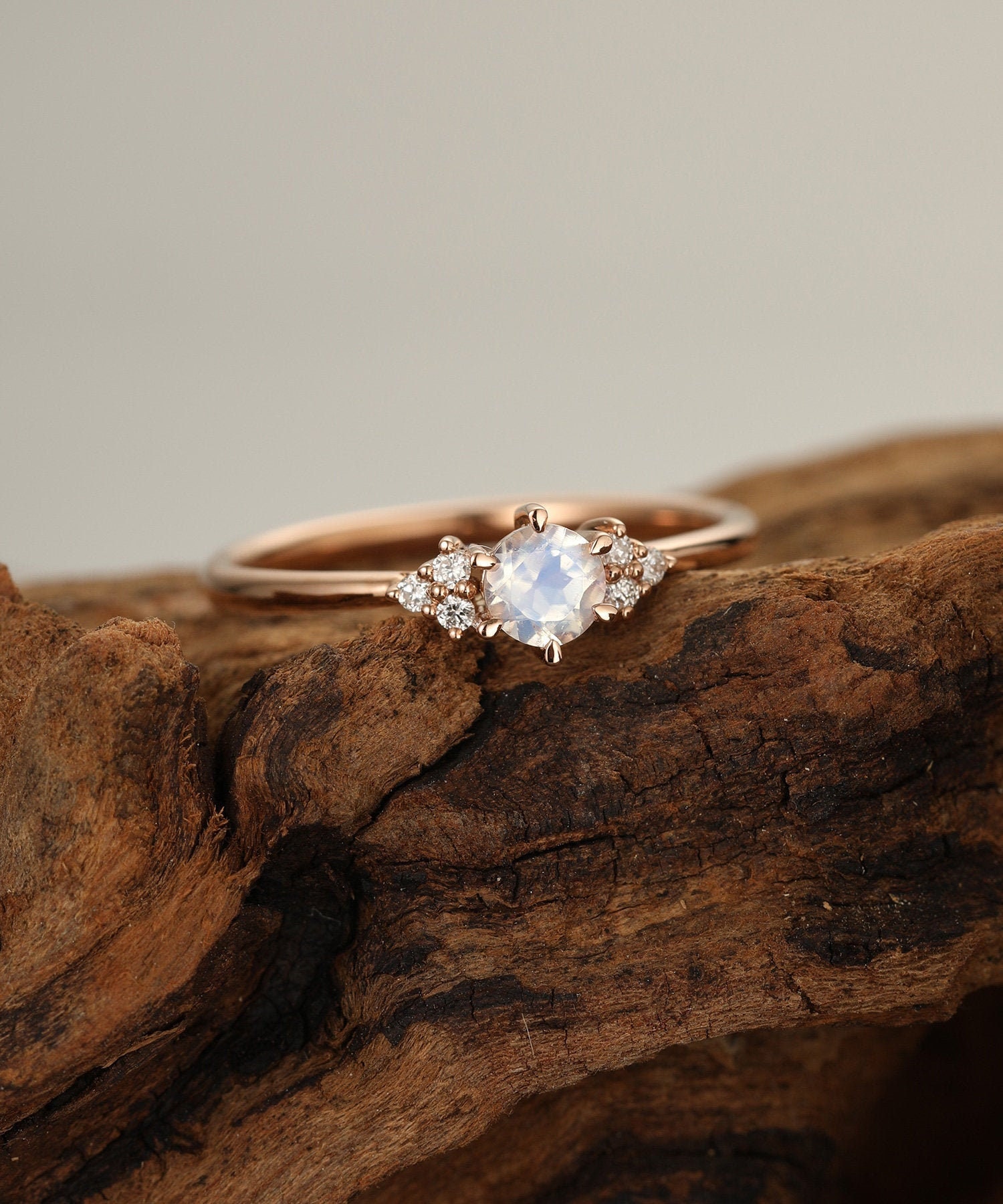 Moonstone engagement ring vintage rose gold engagement ring Diamond cluster ring Unique Simple dainty wedding ring Bridal Anniversary ring