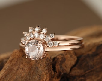 Morganite engagement ring vintage rose gold Art deco engagement ring set Unique diamond wedding ring Bridal Promise Anniversary gift for her