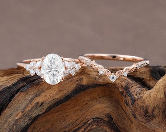 Oval cut Moissanite wedding ring set Vintage Rose gold engagement ring Dainty women Cluster Bridal ring set Promise Anniversary ring