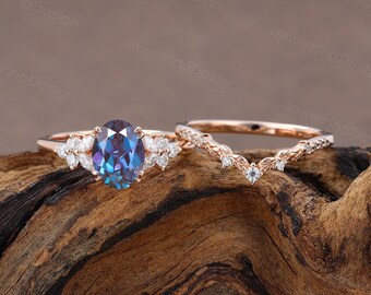 Unique Oval cut Alexandrite engagement ring set vintage rose gold cluster ring Moissanite wedding Bridal set Promise Anniversary women gift