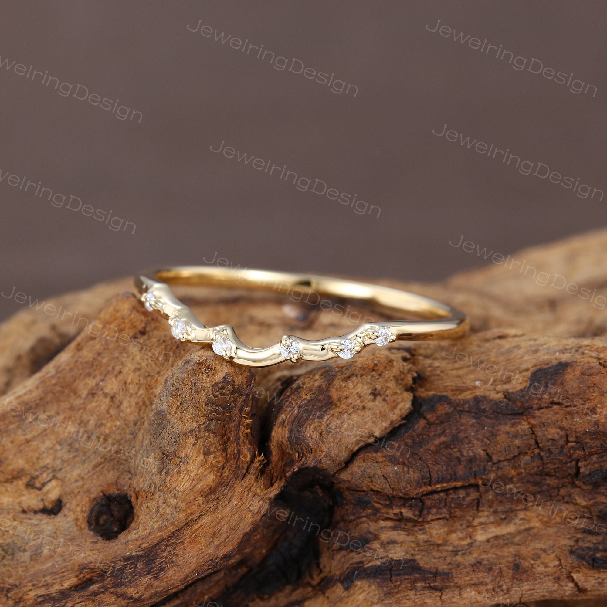 Dainty Moissanite Curved Wedding Band Vintage 14K Yellow Gold Wedding ...
