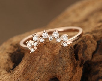 Curved wedding band rose gold wedding band women Unique Moissanite ring Bridal vintage Jewelry Dainty Cluster ring Matching Promise gift