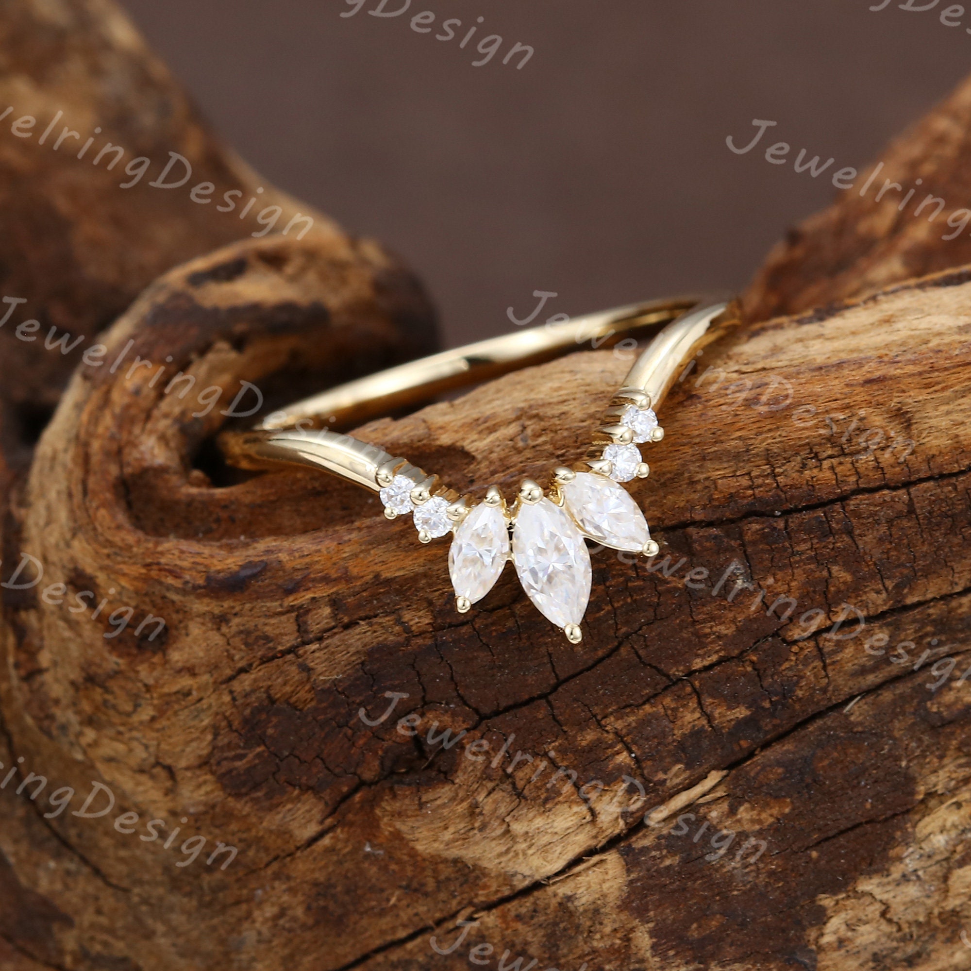 Curved Wedding Band Vintage Yellow Gold Unique Marquise Cut Moissanite ...