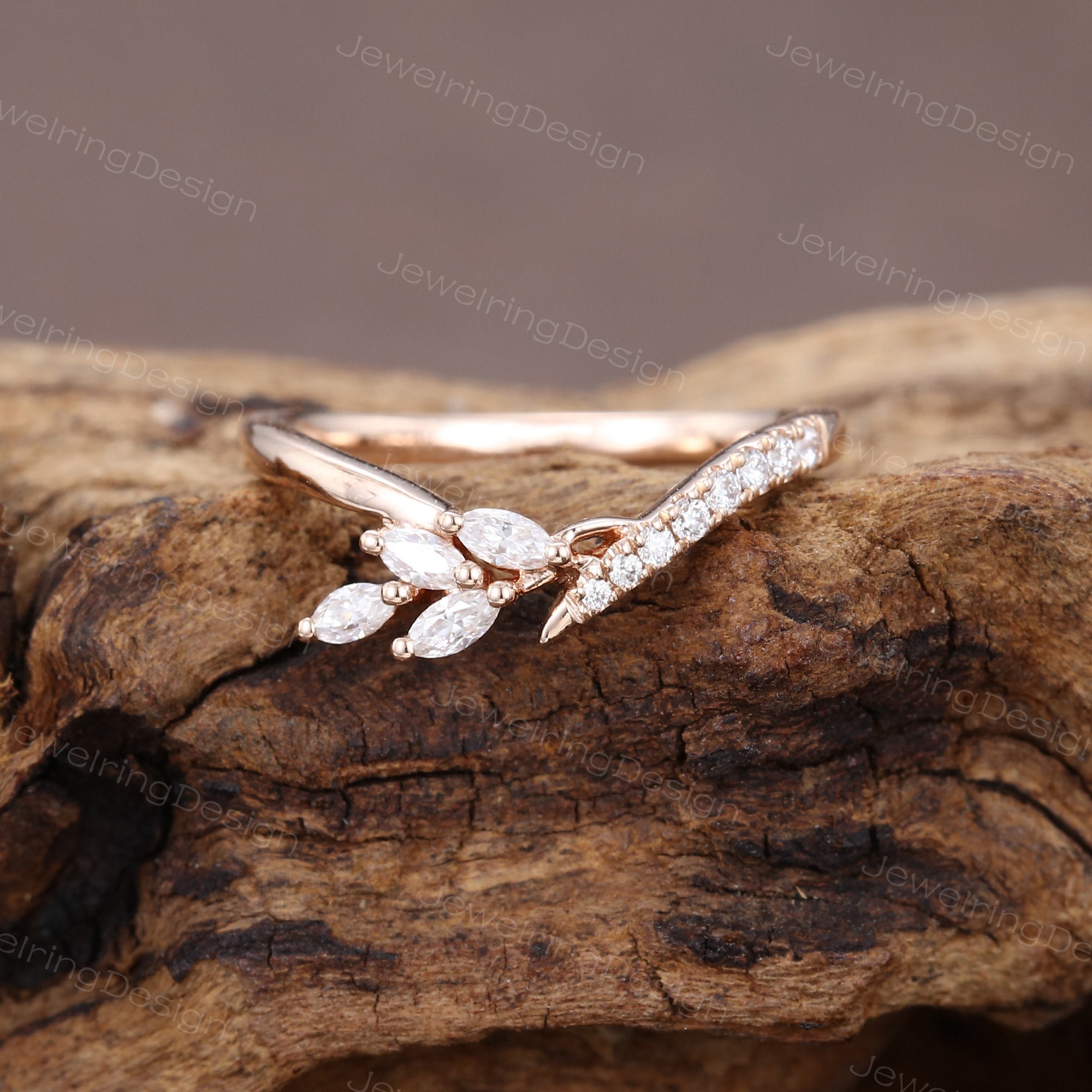 Marquise Cut Curved Wedding Band Vintage Rose Gold Moissanite Wedding ...