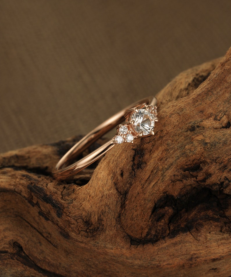 White sapphire engagement ring rose gold Unique engagement ring vintage ring for women Diamond cluster ring dainty wedding Anniversary gift image 3