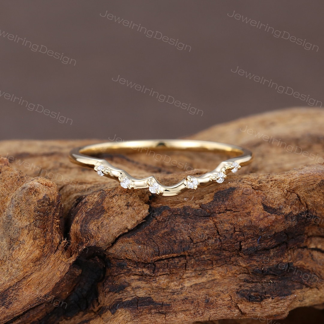 Dainty Moissanite Curved Wedding Band Vintage 14K Yellow Gold Wedding ...