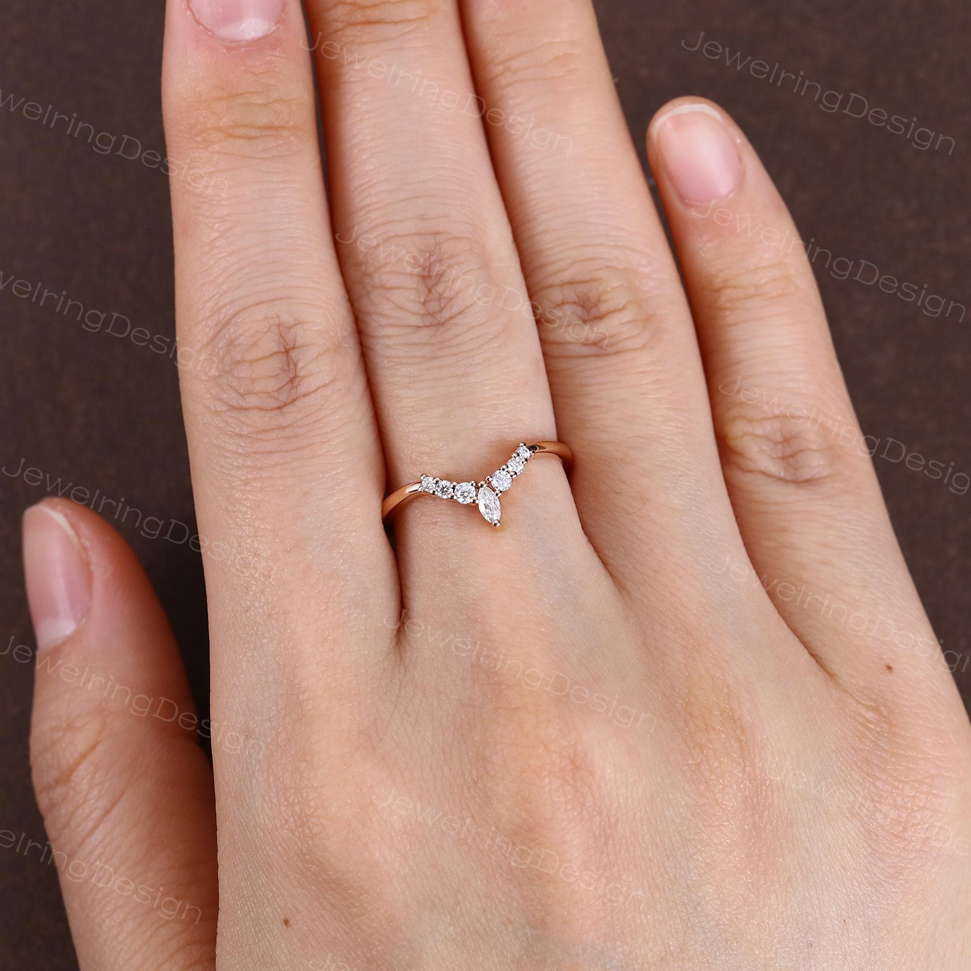 Marquise Cut Moissanite Curved Wedding Band Rose Gold Diamond Wedding ...