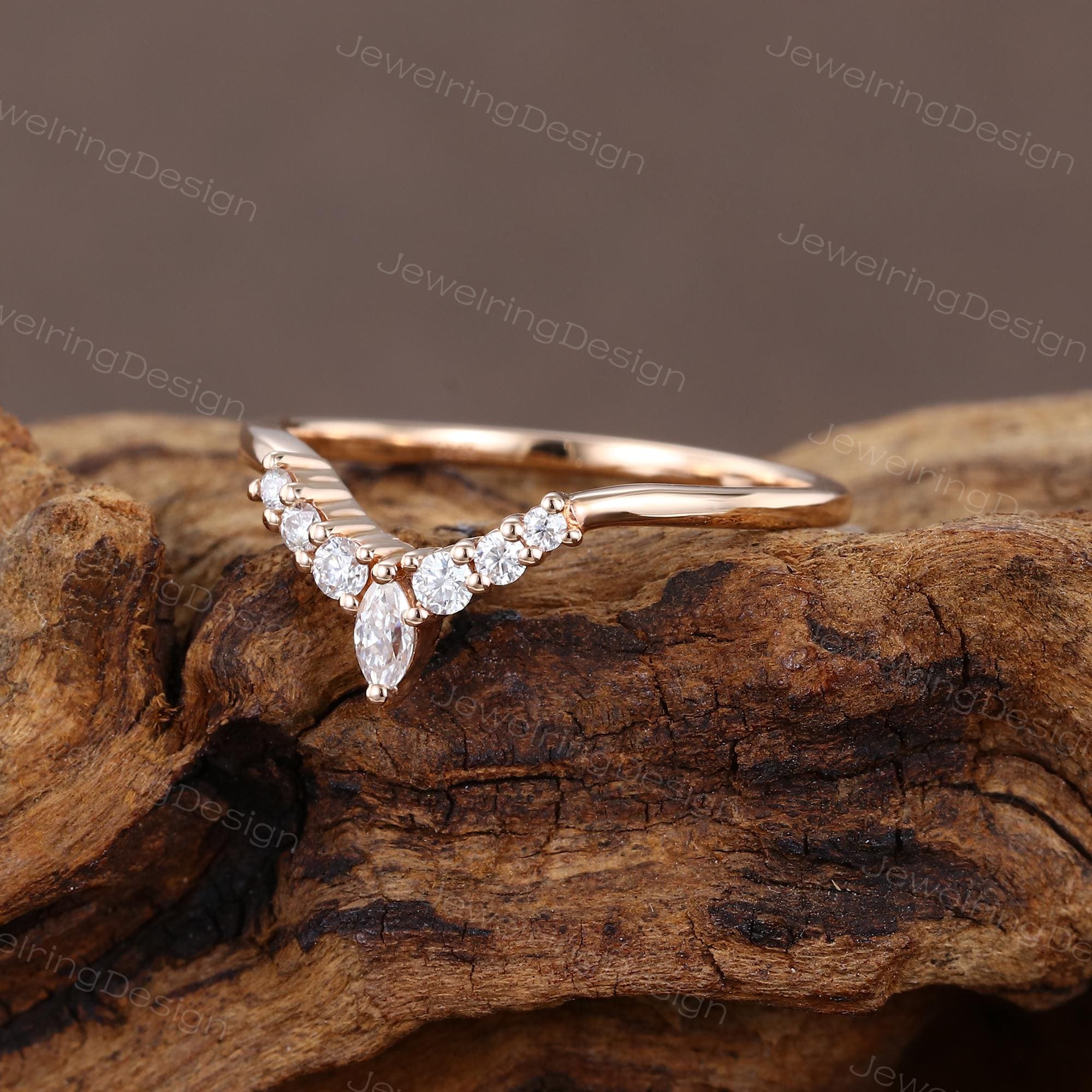 Marquise Cut Moissanite Curved Wedding Band Rose Gold Diamond Wedding ...