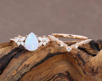 Unique Pear cut Opal engagement ring set Rose gold wedding ring Dainty Cluster Marquise cut Moissanite Bridal ring set Promise Women Gift
