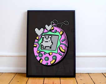 Tamagotchi. Pixel Art. Nostálgico. Juguete. Años 90. Arte de la ilustración. A2 - 42x59,4 cm póster de arte mural por Adela Madej