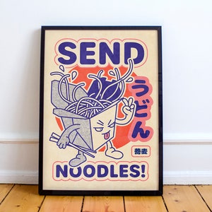 麺類を送ります。日本食。箱。かわいい。箸。ビンテージ。面白い。イラストアート。Adela Madej による A2 - 42 x 59.4 cm の壁アートポスター