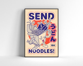 Send Noodles. Japanese Food. Box. Kawaii. Chopsticks. Vintage. Funny.  Illustration art. A2 - 42x59,4 cm wall art poster by Adela Madej