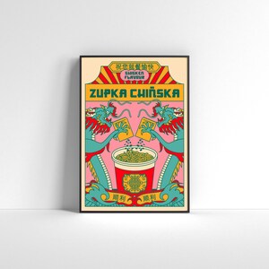 Zuppa cinese. Zuppa istantanea. Draghi. Noodles. Cibo orientale. Asiatico. Illustrazione artistica. Poster da parete A3 - 29,7 x 42 cm di Adela Madej