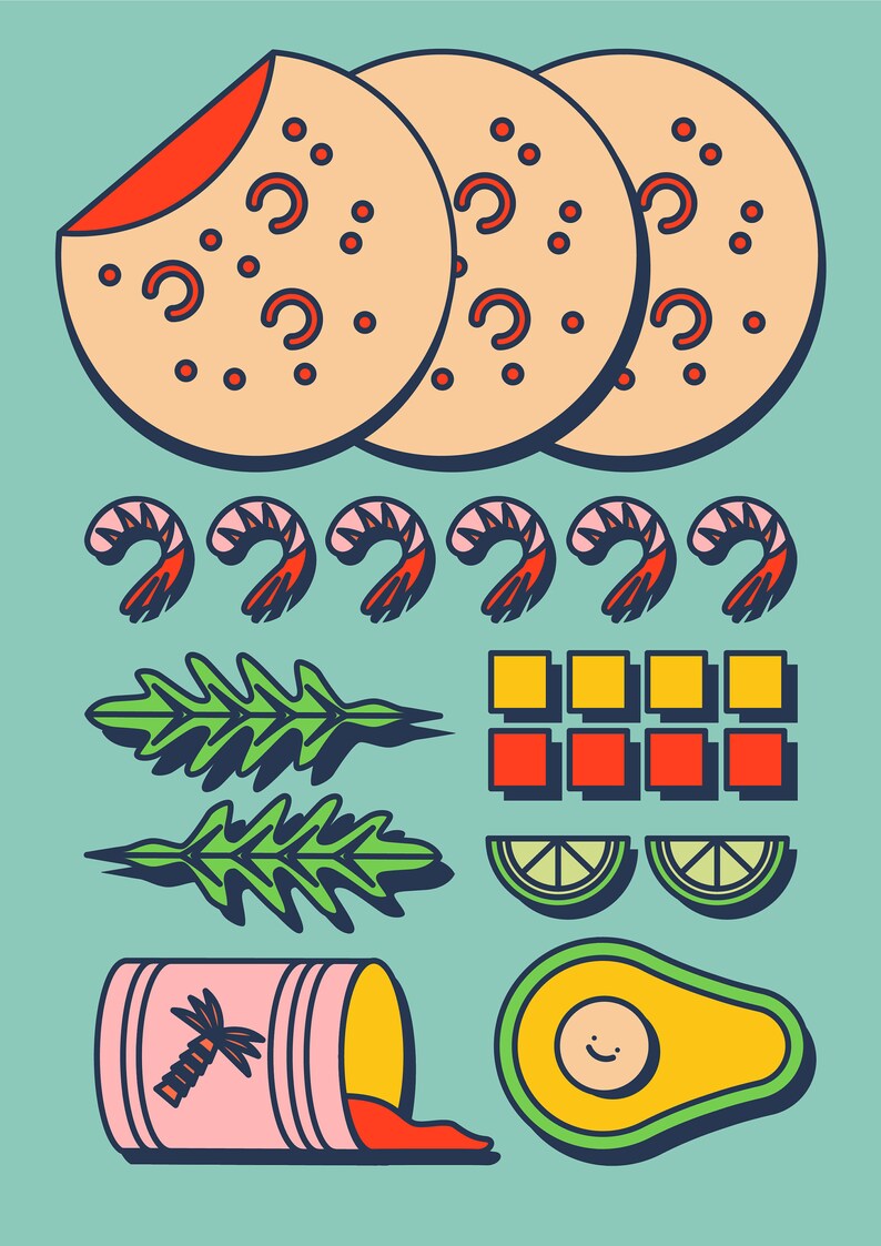 Envolver. Tortilla. Camarones. Feliz aguacate. Víveres. Cocina. Arte de la ilustración. A2 42x59,4 cm póster de arte mural por Adela Madej imagen 2