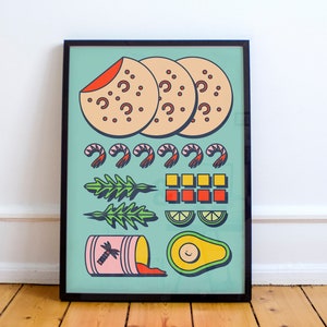 Envolver. Tortilla. Camarones. Feliz aguacate. Víveres. Cocina. Arte de la ilustración. A2 42x59,4 cm póster de arte mural por Adela Madej imagen 1