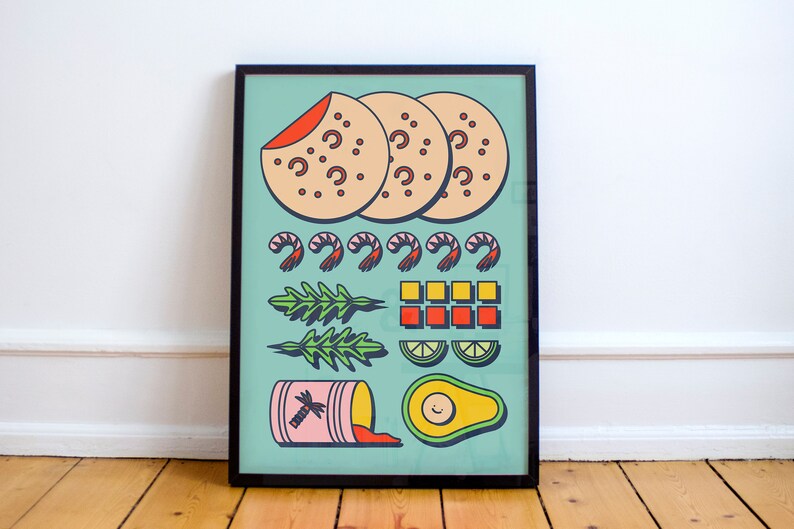 Envolver. Tortilla. Camarones. Feliz aguacate. Víveres. Cocina. Arte de la ilustración. A2 42x59,4 cm póster de arte mural por Adela Madej imagen 1
