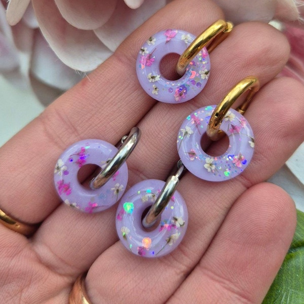 Real Flower Huggie Earrings, Iridescent Glitter Resin, Handmade
