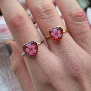 Pink Flower Ring, Red Heart Ring, Adjustable Flower Ring,