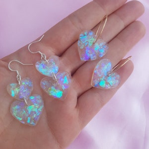 Iridescent Heart Earrings Dangle Hoop