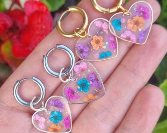 Real Flower Huggie Hoop Earrings, Colourful Earrings, Pressed Flowers