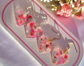 Handmade Resin Pink Flower Heart Earrings, Sterling Silver Gold Hook