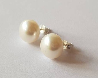 Pendientes de plata de ley 925 con perlas de agua dulce blancas, grandes