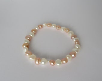 Natural White & Peach Freshwater Pearl Nugget Stretchy Bracelet with 925 Sterling Silver Bead