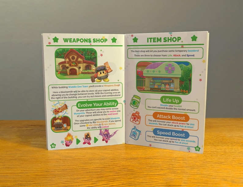 May include: Two open pages from a game guide book. The left page shows a green building with a brown roof and a sign that says "Weapons Shop". The right page shows a green building with a brown roof and a sign that says "Item Shop". The text on the pages describes the different items and abilities available in the game.