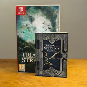 May include: A video game case for the Nintendo Switch with a blue and green watercolor background featuring birds in flight. The game title is "Triangle Strategy" and the case has a 12+ rating. A strategy guide for the game is also pictured. The guide has a blue and gold cover with the title "Triangle Strategy Manual".