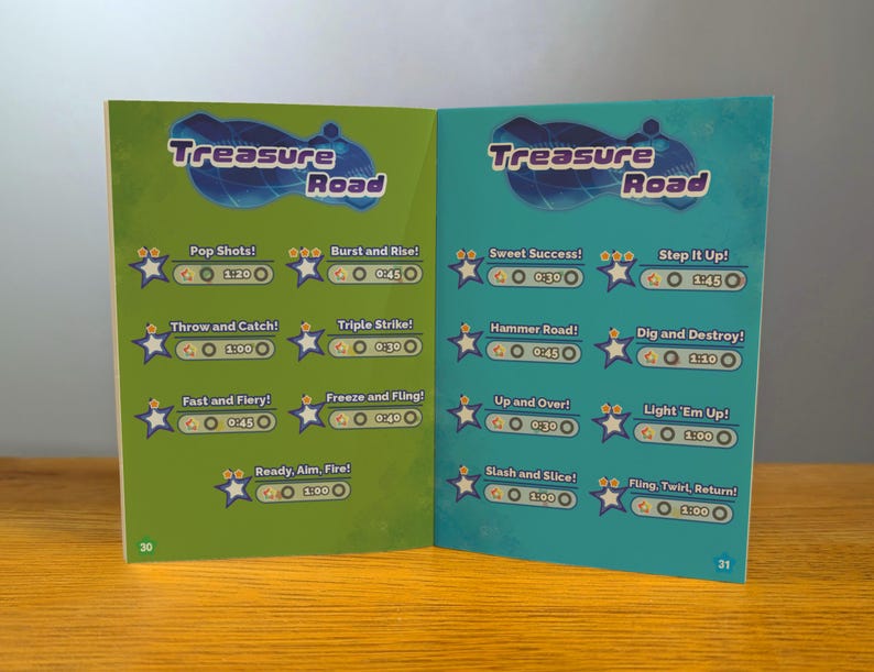 May include: A green and blue book with the title "Treasure Road" on the cover. The book has a list of games with their names and times. The games include "Pop Shots!" "Burst and Rise!" "Throw and Catch!" "Triple Strike!" "Fast and Fiery!" "Freeze and Fling!" "Ready, Aim, Fire!" "Sweet Success!" "Step It Up!" "Hammer Road!" "Dig and Destroy!" "Up and Over!" "Light 'Em Up!" "Slash and Slice!" "Fling, Twirl, Return!"