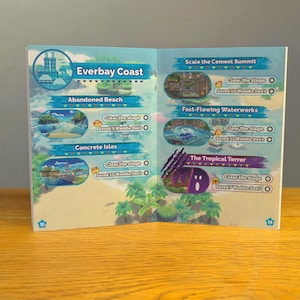 May include: A page from a video game guide book showing the levels in the Everbay Coast area. The levels are: Abandoned Beach, Concrete Isles, Scale the Cement Summit, Fast-Flowing Waterworks, and The Tropical Terror. Each level has a picture and a description of how many Waddle Dees are saved when the level is completed.