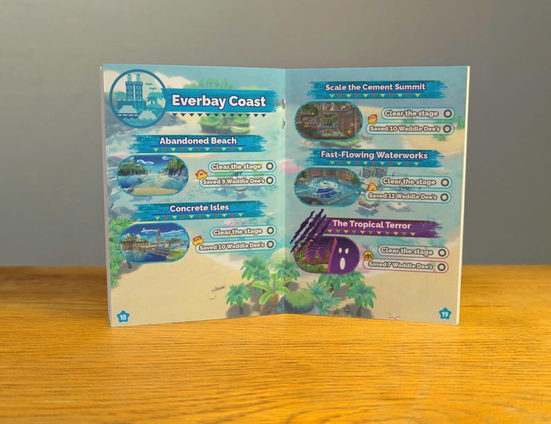 May include: A page from a video game guide book showing the levels in the Everbay Coast area. The levels are: Abandoned Beach, Concrete Isles, Scale the Cement Summit, Fast-Flowing Waterworks, and The Tropical Terror. Each level has a picture and a description of how many Waddle Dees are saved when the level is completed.