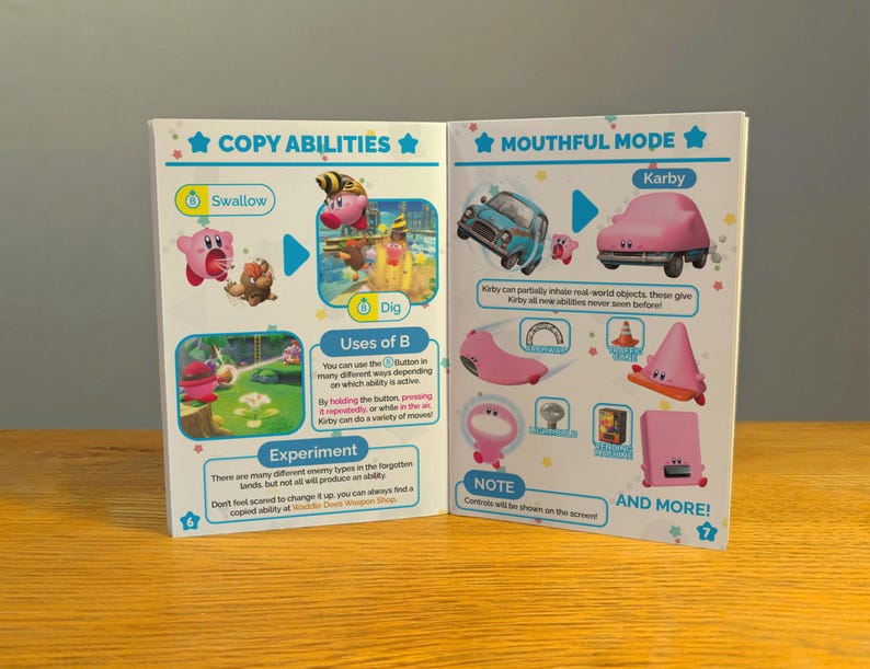 May include: A pink and blue illustrated guide to the Mouthful Mode in the Kirby video game. The guide shows Kirby swallowing and digesting different objects, including a car, a traffic cone, and a pink triangle. The text on the page reads "Mouthful Mode" and "Kirby".